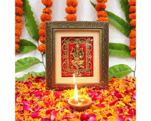 anesh Frame / Ganesh Metal Idol in Framing (Size: 8.5 x 7.5 inches, Color: Antique Golden)