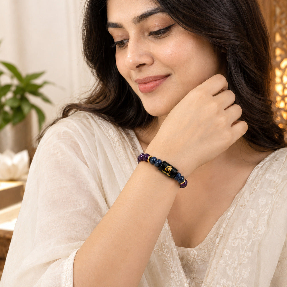 Aquarius (कुंभ राशि) Zodiac Amethyst & Lapis Lazuli Bracelet