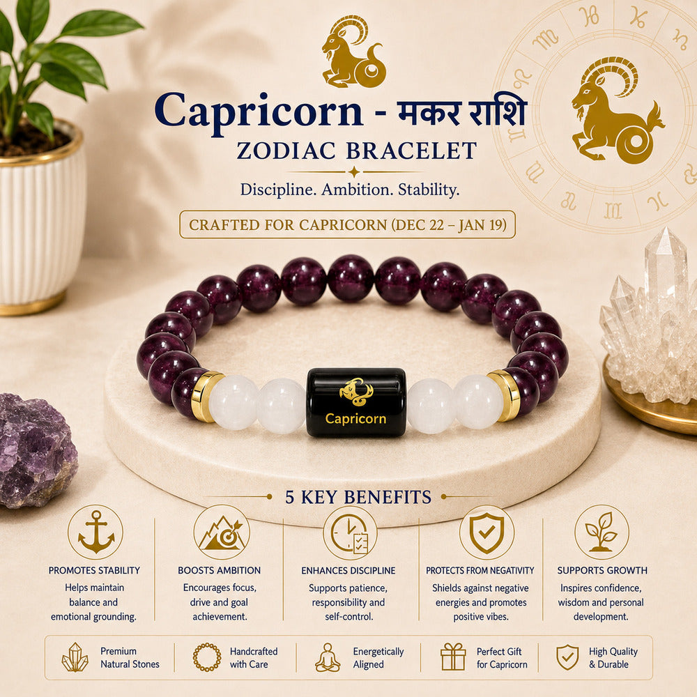 Capricorn (मकर राशि) Zodiac Garnet & Milky Quartz Bracelet