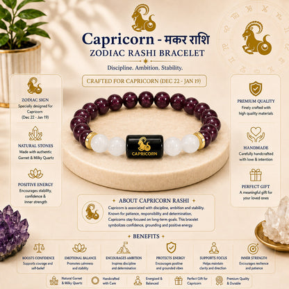 Capricorn (मकर राशि) Zodiac Garnet & Milky Quartz Bracelet