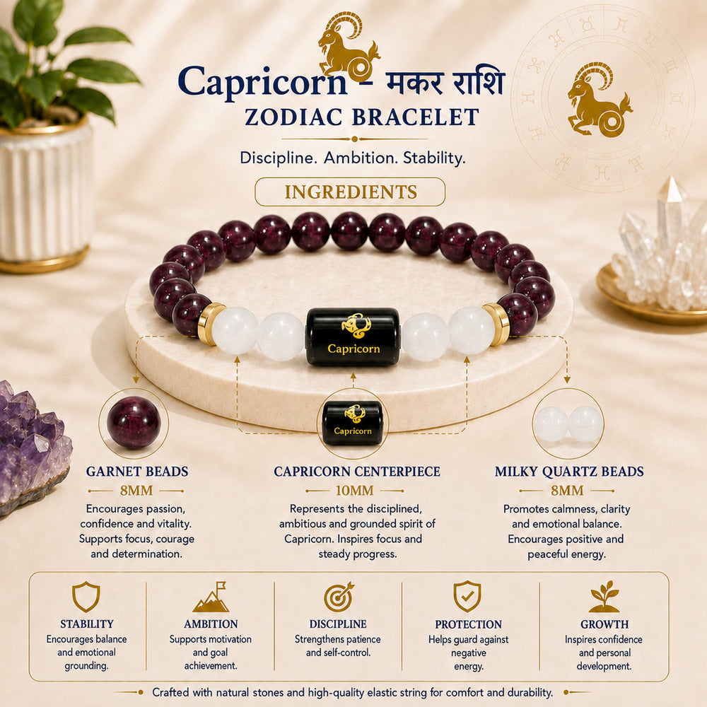 Capricorn (मकर राशि) Zodiac Garnet & Milky Quartz Bracelet