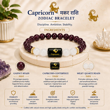 Capricorn (मकर राशि) Zodiac Garnet & Milky Quartz Bracelet