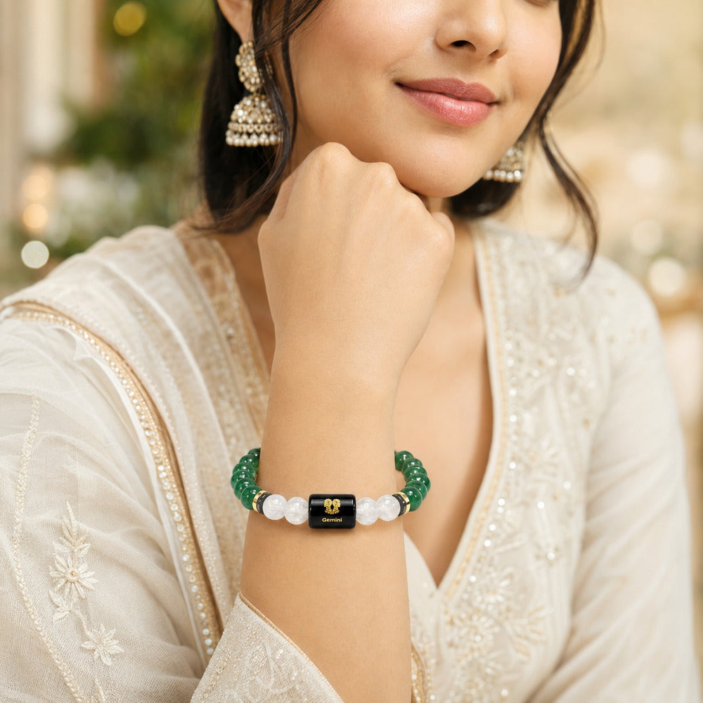 Gemini (मिथुन राशि) Zodiac Green Aventurine & Milky Quartz Bracelet
