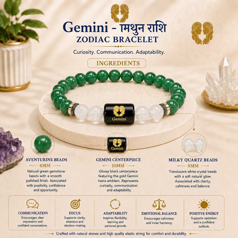 Gemini (मिथुन राशि) Zodiac Green Aventurine & Milky Quartz Bracelet