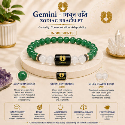 Gemini (मिथुन राशि) Zodiac Green Aventurine & Milky Quartz Bracelet