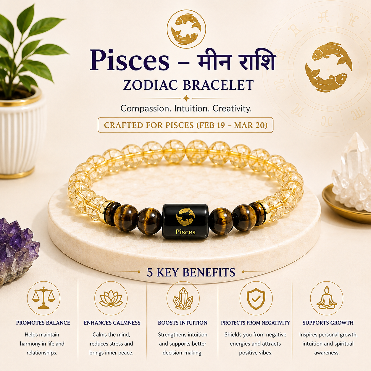 Pisces (मीन राशि) Zodiac Citrine & Tiger Eye Bracelet