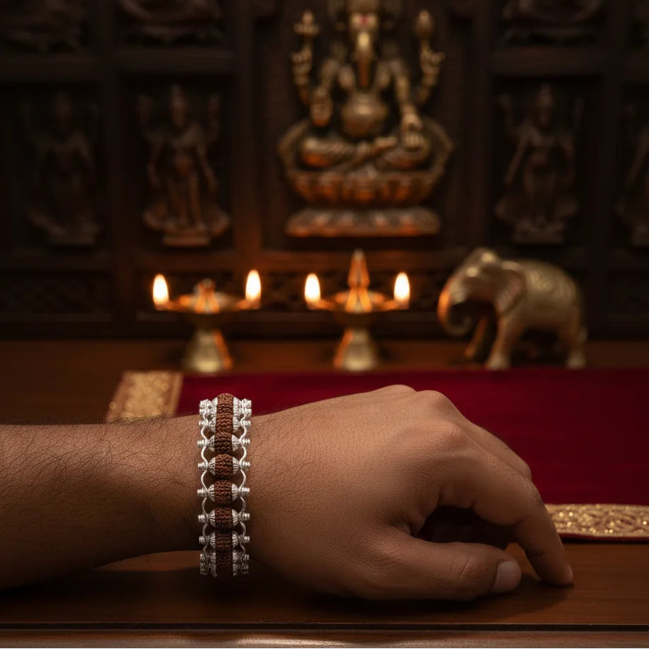 Rudraksha Silver Capling Bracelet for Men