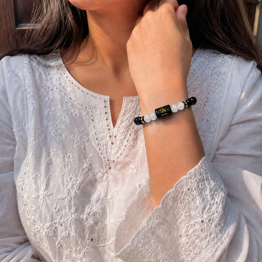 Scorpio (वृश्चिक राशि) Zodiac Black Obsidian & Milky Quartz Bracelet