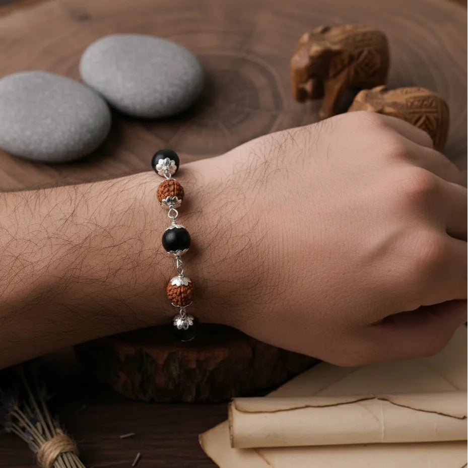 Silver Plated Rudraksha & Karungali Bracelet